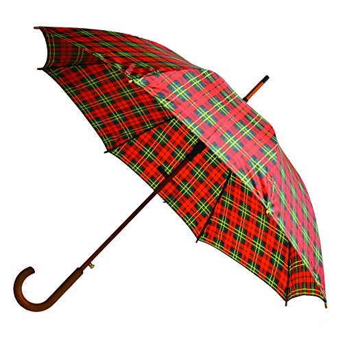Rainbrella Classic Auto Open Umbrella with Real Wooden Hook Handle, Red/Green Plaid, 46" - Image 1