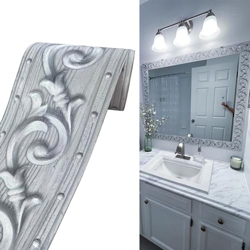 Yija PVC Self Adhesive Silver 3D Flowers Waterproof Wall Border Decor Removable Kitchen Bathroom Tiles Stciker 4 x196.8 inch - Image 1