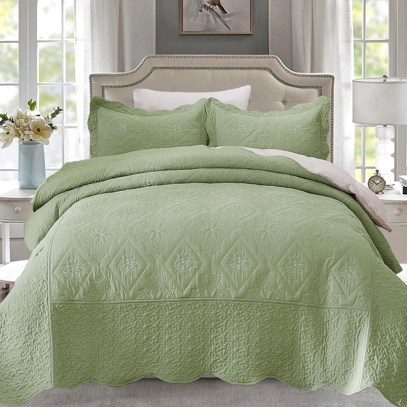 Cmfshape Floral Embroidery Quilt Set,3 Pieces Queen Quilt Bedding Set,Classic Diamond Pattern Quilts,Ultra Soft Lightweight Reversible Bedspread Coverlets for All Season(Sage Green,90"x90") - Image 1