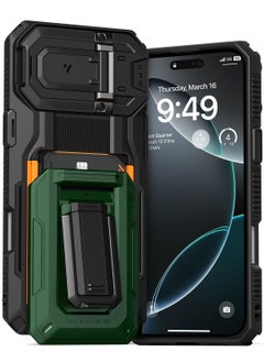 VRS Design D-Wallet Origin iPhone 16 PLUS Case Cover Wallet with Semi Automatic Credit Card Holder Slot [3 Cards] & Camera Lens Protector Kickstand - Metallic Green  - Image 1