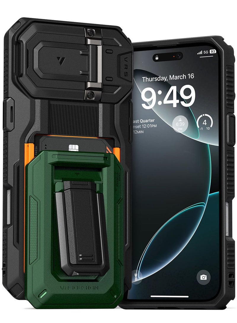 VRS Design D-Wallet Origin iPhone 16 PLUS Case Cover Wallet with Semi Automatic Credit Card Holder Slot [3 Cards] & Camera Lens Protector Kickstand - Metallic Green  - Image 1