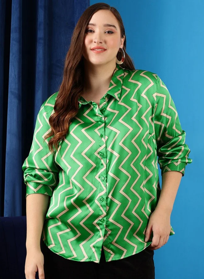 CURVY STREET Geometric Printed Satin Casual Shirt for Women