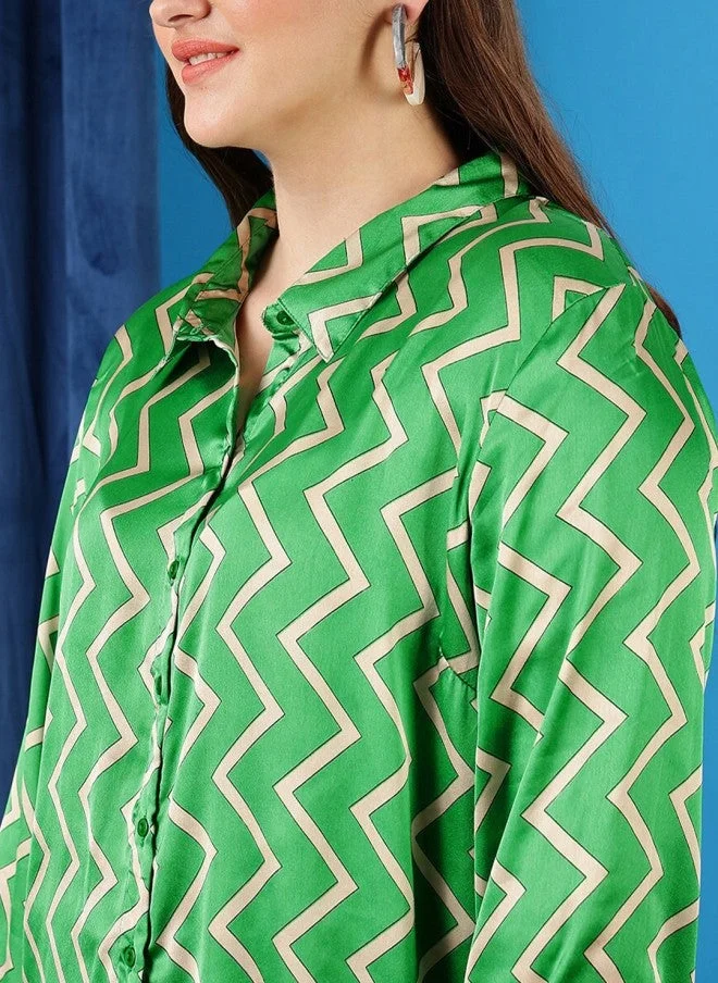 CURVY STREET Geometric Printed Satin Casual Shirt for Women