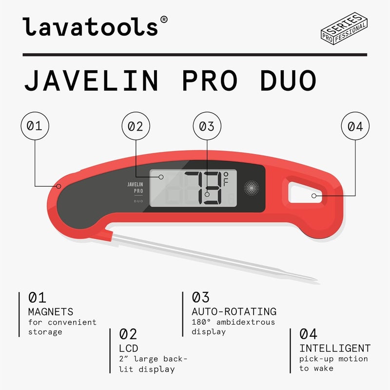 Lavatools Javelin® PRO Duo Ultra-Fast 2-Second Professional Digital Instant Read Meat Thermometer for Grill and Cooking, Auto-Rotating Backlit Display, IP65 Water Resistant, NSF Certified – Sambal - Image 3