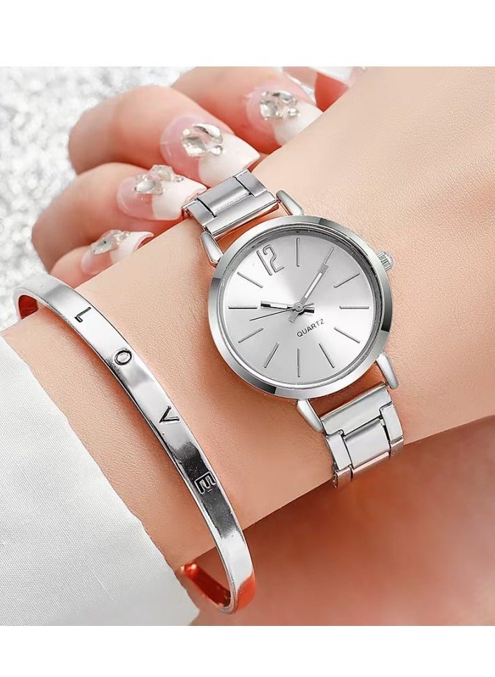 جنيفا ساعة كوارتز بحجر الراين الفضي مع سوار للنساء، مجموعة هدايا عصرية مكونة من قطعتين للنساء. - Image 1