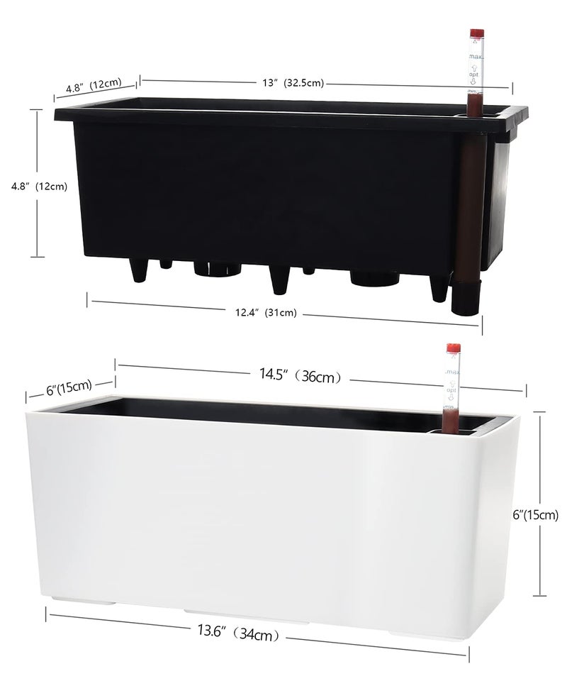 SAROSORA 14" Self Watering Planter Pots with Water Level Indicator, Rectangle Matte Plastic Window Box for Indoor Outdoor, Herbs Succulents Flowers House Plants (White) - Image 5