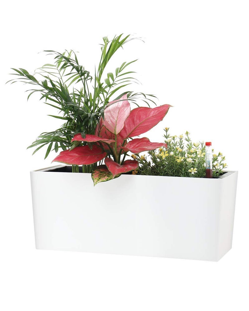 SAROSORA 14" Self Watering Planter Pots with Water Level Indicator, Rectangle Matte Plastic Window Box for Indoor Outdoor, Herbs Succulents Flowers House Plants (White) - Image 1