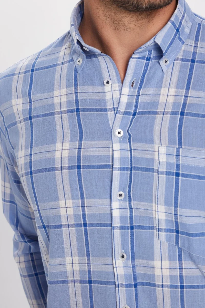 Tudors Men's Regular Fit Classic Cut 100% Cotton Linen Texture Single Pocket Checkered Button-Down Collar Shirt