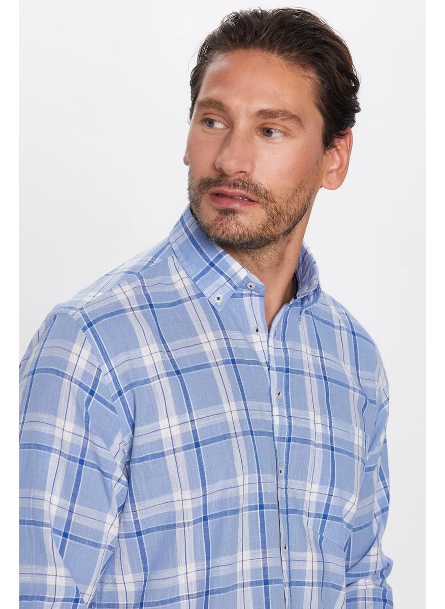 تودورس Men's Regular Fit Classic Cut 100% Cotton Linen Texture Single Pocket Checkered Button-Down Collar Shirt