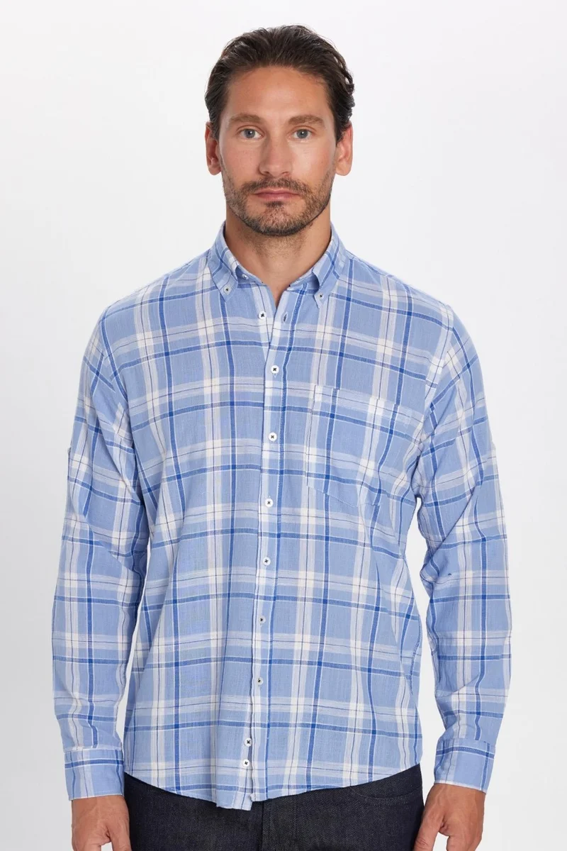 Tudors Men's Regular Fit Classic Cut 100% Cotton Linen Texture Single Pocket Checkered Button-Down Collar Shirt