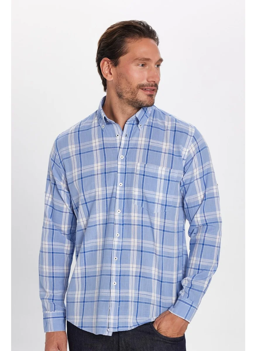 تودورس Men's Regular Fit Classic Cut 100% Cotton Linen Texture Single Pocket Checkered Button-Down Collar Shirt