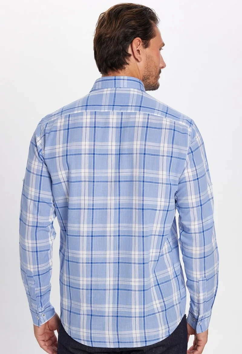 Tudors Men's Regular Fit Classic Cut 100% Cotton Linen Texture Single Pocket Checkered Button-Down Collar Shirt