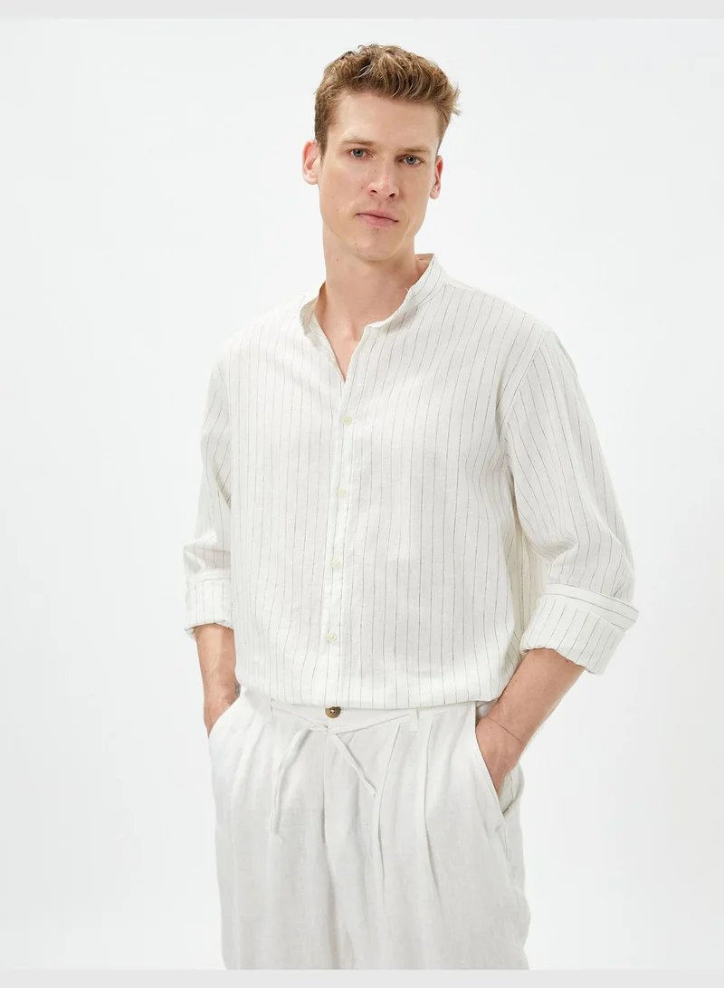 KOTON Long Sleeve Regular Fit Linen Mix Mandarin Collar Shirt