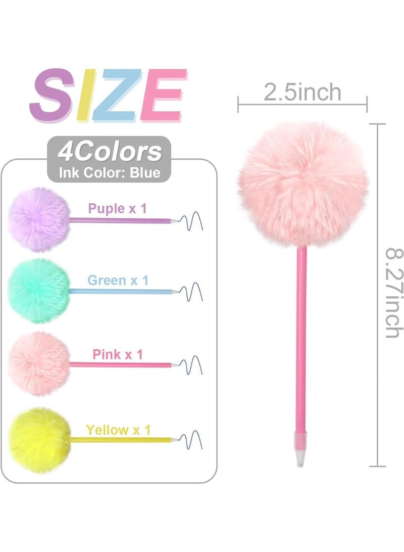 HZYH 4 Pack Pom Pom Pens Fluffy Ballpoint Pens for Girls, Cute Plush Pens for School, Office, Home, Blue Gel Ink, Pink, Purple, Yellow, Green - Image 2