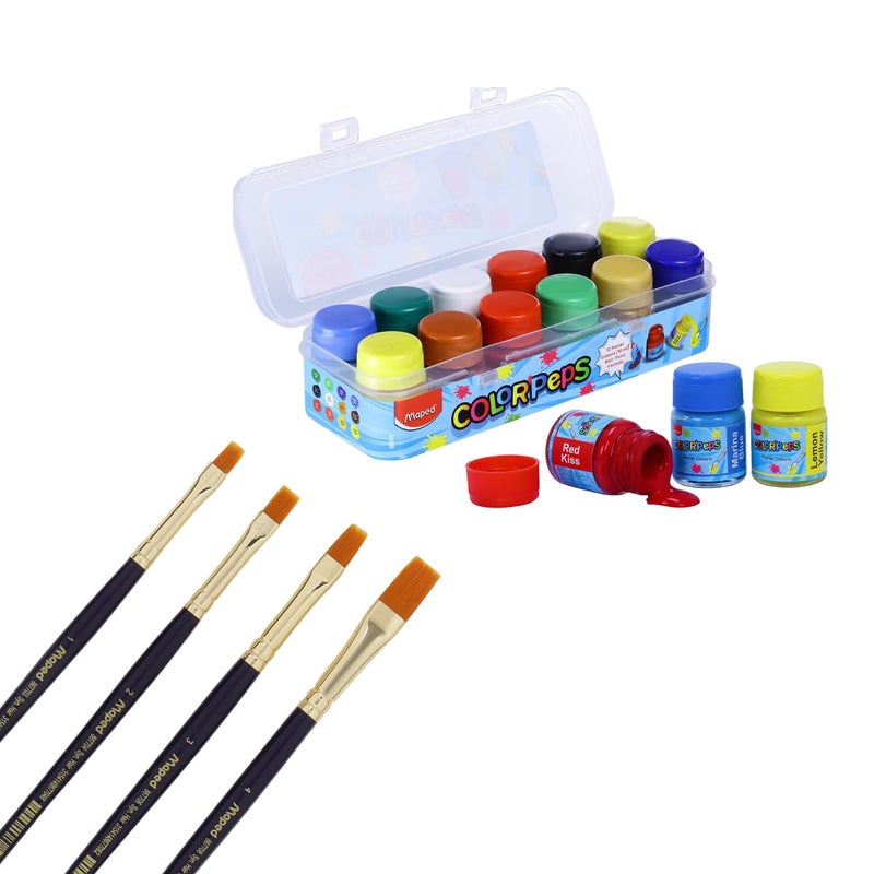 Maped Painting Kit -12 Shades Poster Colours +4 Wooden Handle Brushes-Flat|Soft & Smooth Textured Poster Colours|Vibrant & Rich Shades makespainting Realistic|Soft Movement Bristles|Safe&Non-Toxic - Image 2