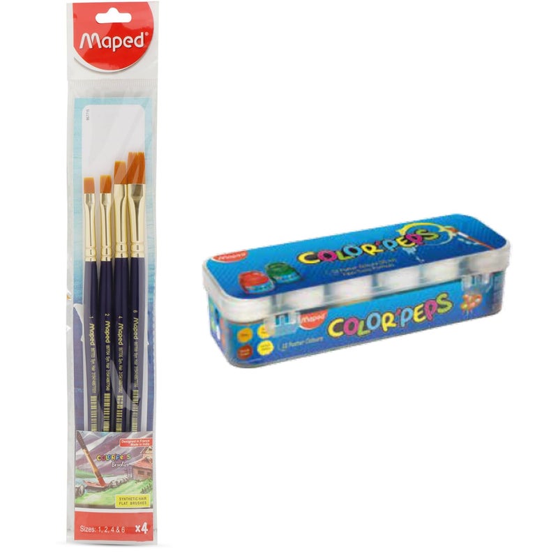 Maped Painting Kit -12 Shades Poster Colours +4 Wooden Handle Brushes-Flat|Soft & Smooth Textured Poster Colours|Vibrant & Rich Shades makespainting Realistic|Soft Movement Bristles|Safe&Non-Toxic - Image 1