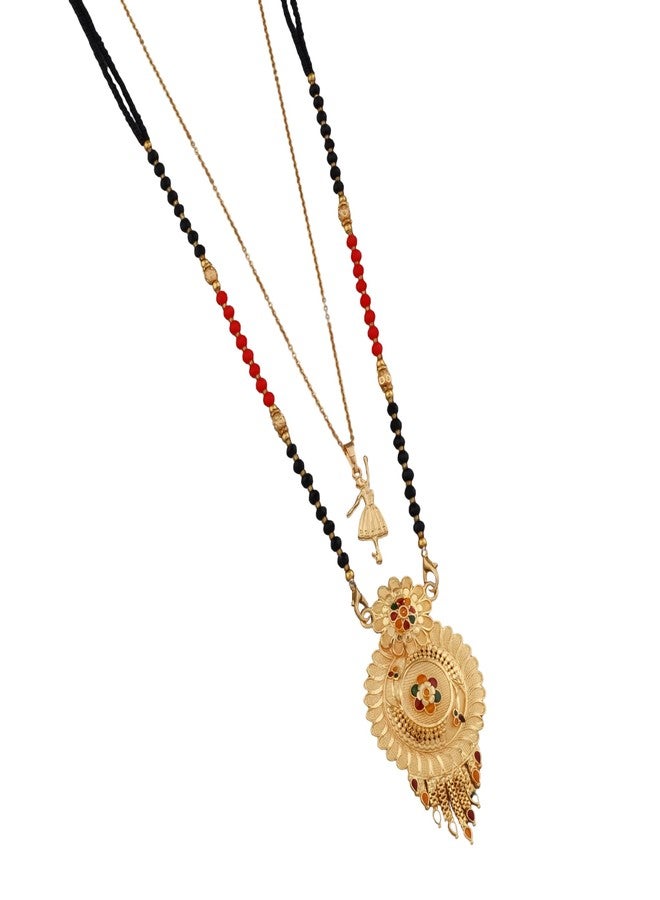 MALKYN Women's Gold Plated Peacock Motif Mangalsutra with Enamel Work and Ballerina Pendant Layered Necklace Set, Traditional Indian Black Beaded Jewelry-MD-070 - Image 1