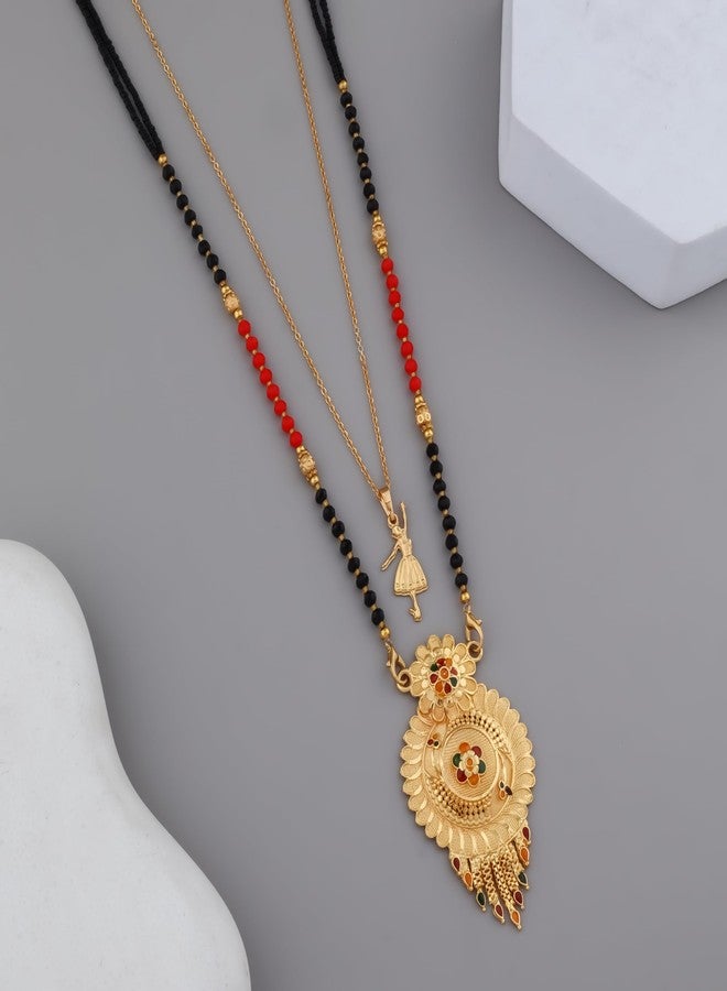 MALKYN Women's Gold Plated Peacock Motif Mangalsutra with Enamel Work and Ballerina Pendant Layered Necklace Set, Traditional Indian Black Beaded Jewelry-MD-070 - Image 2