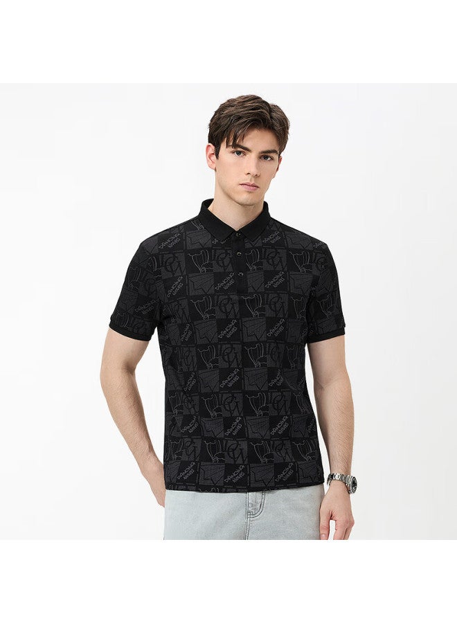 Dancing Wolves summer Cool Printed Hot Air Balloon Casual Men's Short Sleeve Polo 001 Black L - Image 1