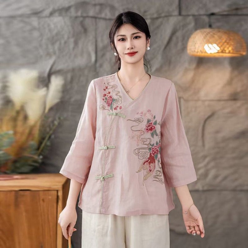 Chinese-Style Retro Cotton And Linen Tea Shirt Summer Asymmetrical Collar Top Artistic Button Ethnic Heavy Embroidery Shirt - Image 4