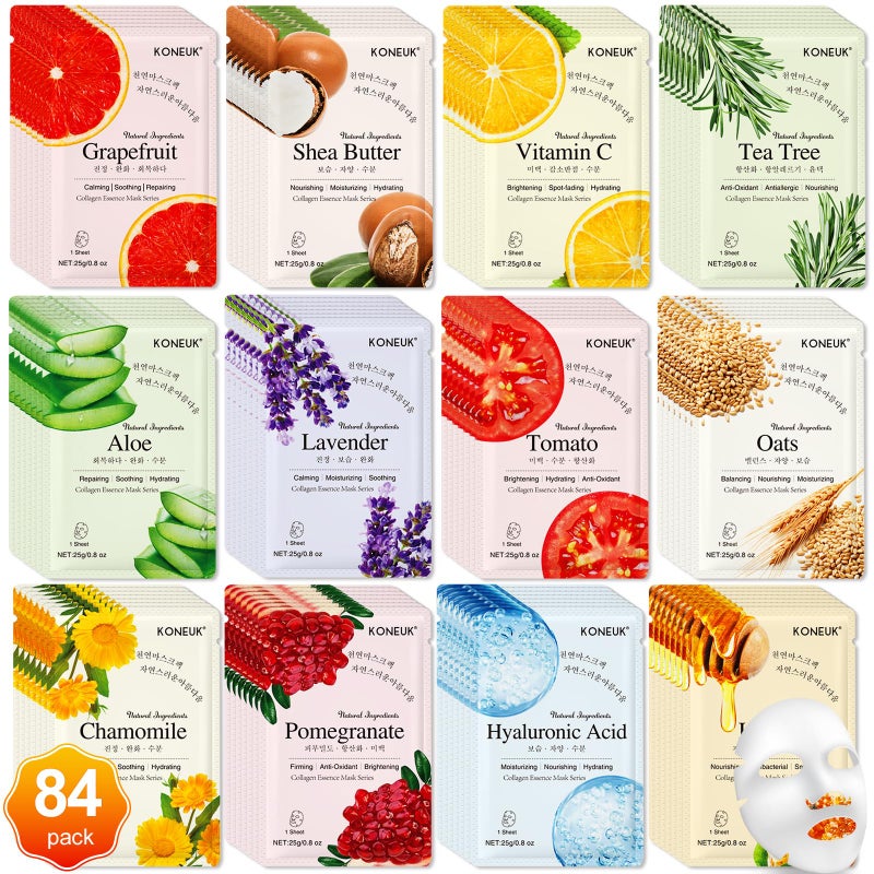 KONEUK 84 Pack Collagen Face Masks Skincare for Women, Hydrating and Moisturizing Sheet Face Masks for Women Skin Care, Face Mask Gifts Set for Spa Party, Bulk Facial Masks Suitable for All Skin Types - Image 1