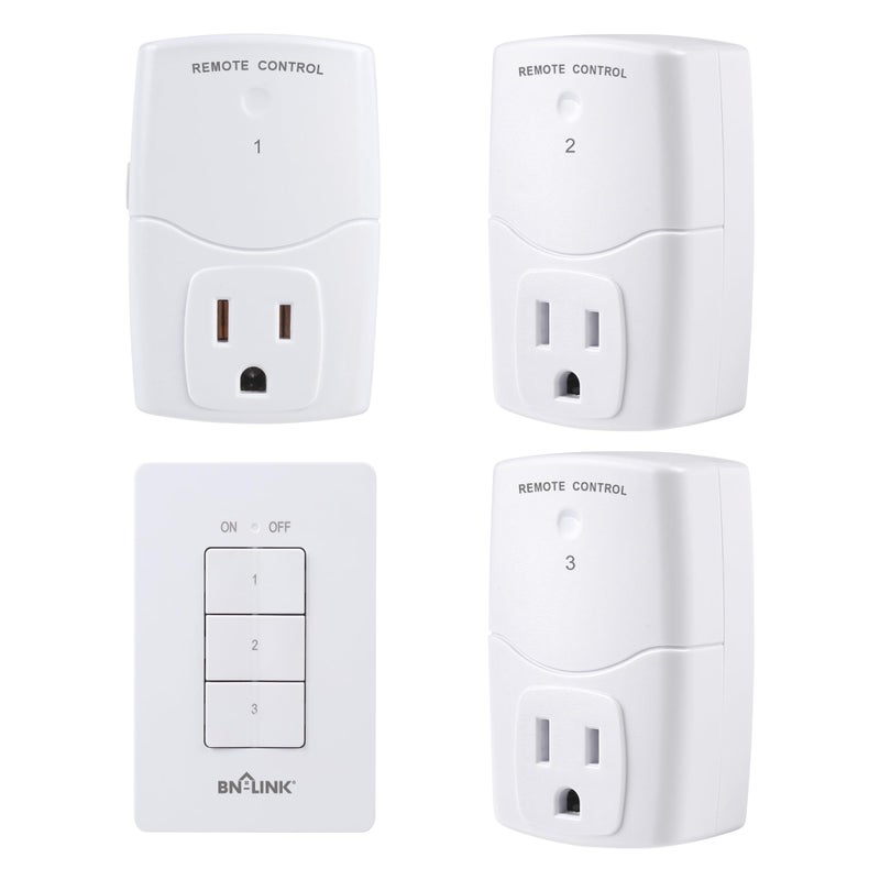 BNLINK Mini Wireless WallMounting Remote Control Outlet Switch Power Plug in for Household Appliances Wireless Remote Light Switch LED Light Bulbs White 3 Outlets