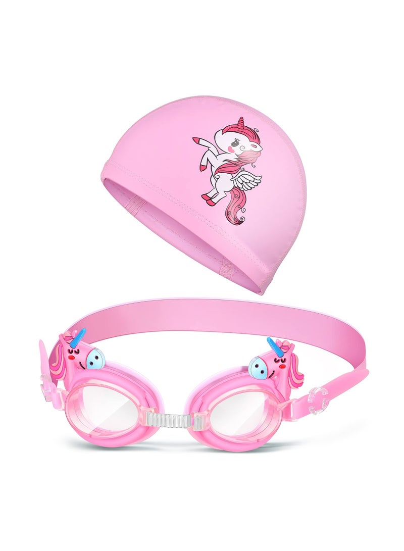 SOLARAE Kids Swim Cap Swimming Goggles Toddler Swimming Cap with Ear Plugs Waterproof Kids Cloth Bathing Cap Goggles for Children Girls Age 3-12 Lovely Cute Cartoon - Image 1