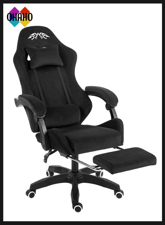Gaming Chair Computer Chair, Flannelette Fabric Game Chair with Head Pillow and Waist Pillow, Ergonomic Computer Chair with Footrest (black)