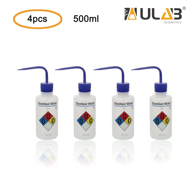 ULAB Safety Wash Bottles, 4pcs of Distilled Water Wide-Mouth Wash Bottles, LDPE Material, Vol.500ml, UWB1024 - Image 2