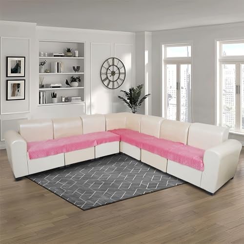 KINGLY Velvet Quilted L-Shape 7 Seater 4+3 Universal Sofa Protector – Premium Non-Slip Fit Machine Washable Couch Mat for L-Shaped Sofa Set in Living Room (Baker-Miller Pink 2pc Set 23x27 & 90x27) - Image 2