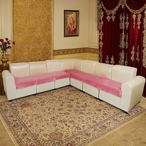 KINGLY Velvet Quilted L-Shape 7 Seater 4+3 Universal Sofa Protector – Premium Non-Slip Fit Machine Washable Couch Mat for L-Shaped Sofa Set in Living Room (Baker-Miller Pink 2pc Set 23x27 & 90x27) - Image 1