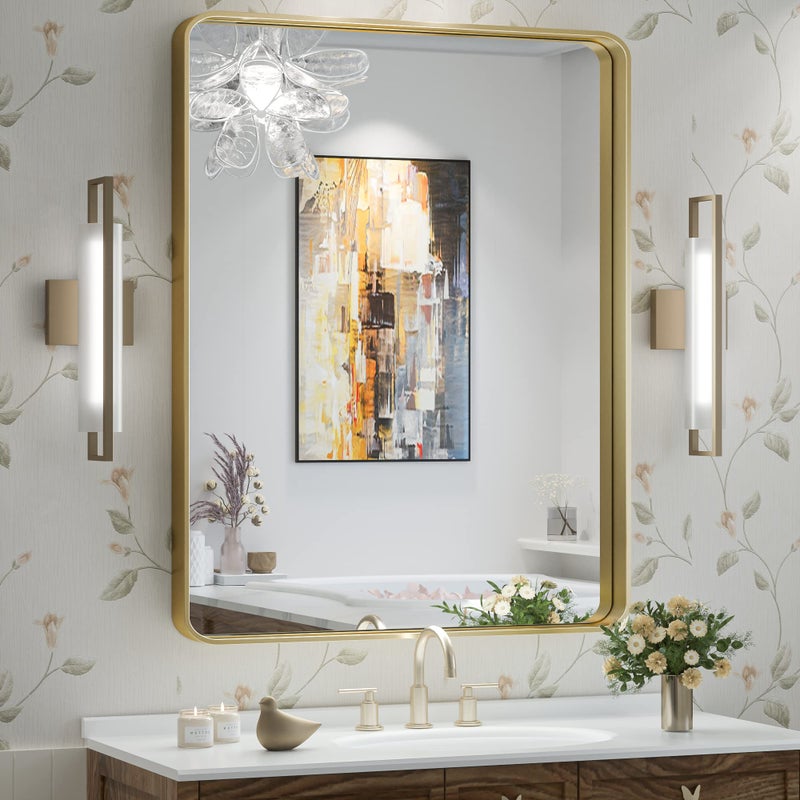 TokeShimi Bathroom Mirror for Wall 24 x 32 Inch Gold Brushed Brass Metal Rounded Corner Rectangle Mirror Wall Mirror in Metal Frame