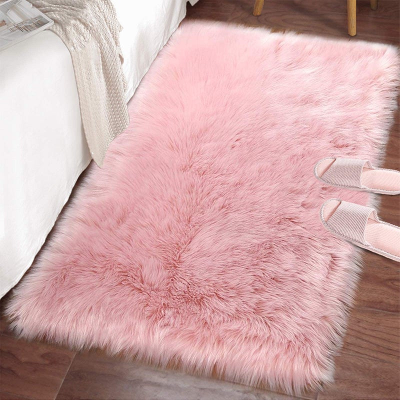 LOCHAS Soft Fluffy Pink Faux Fur Rugs for Bedroom Bedside Rug 4x6 Feet, Washable, Furry Sheepskin Area Rug for Living Room Girls Room, Luxury Shag Carpet Home Decor - Image 1