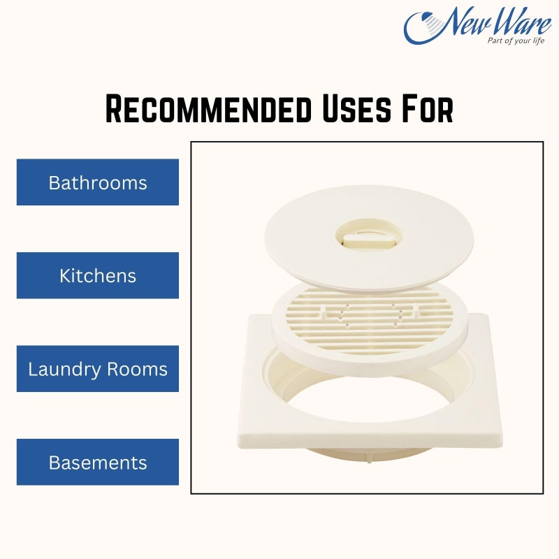 New Ware® Square 3 Pc PVC Bathroom Jali/Trap Floor Drain Water Drain Grating (Ivory Color) Size 6 * 6 Inch - Image 4