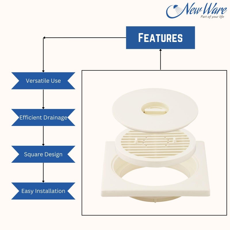 New Ware® Square 3 Pc PVC Bathroom Jali/Trap Floor Drain Water Drain Grating (Ivory Color) Size 6 * 6 Inch - Image 5
