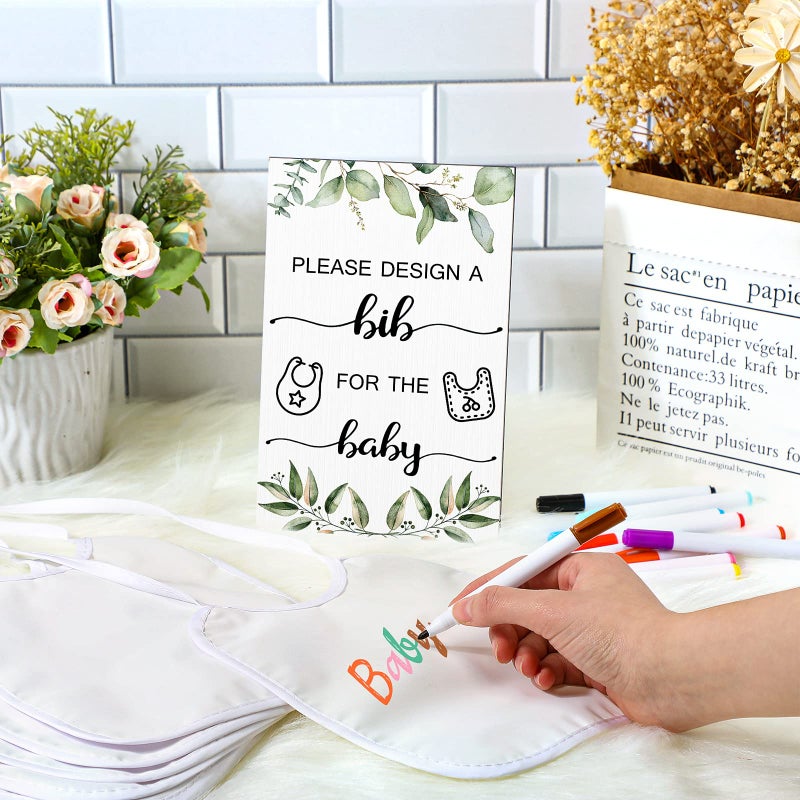 Roowest 26 Pcs Baby Bibs and Game Set Baby Shower Game Sign 15 White Feeder Bibs 10 Fabric Markers for Gender Reveal (Green Leaves) - Image 5