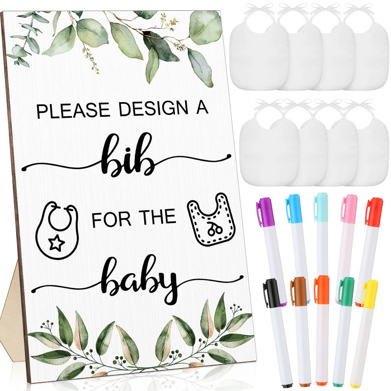 Roowest 26 Pcs Baby Bibs and Game Set Baby Shower Game Sign 15 White Feeder Bibs 10 Fabric Markers for Gender Reveal (Green Leaves) - Image 1