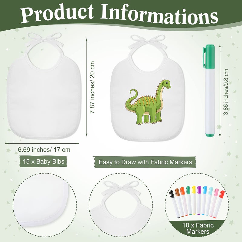 Roowest 26 Pcs Baby Bibs and Game Set Baby Shower Game Sign 15 White Feeder Bibs 10 Fabric Markers for Gender Reveal (Green Leaves) - Image 3