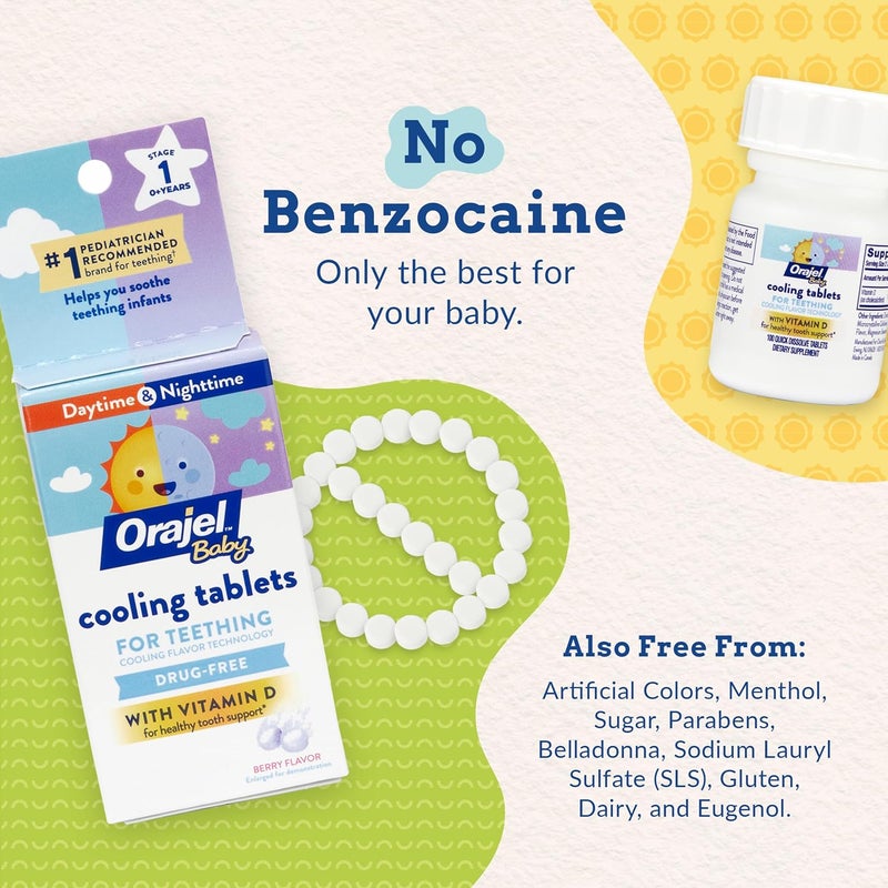 Orajel أقراص أورا جيل للأطفال لتخفيف آلام التسنين مع فيتامين د 100 قرص سريع الذوبان أبيض - Image 3