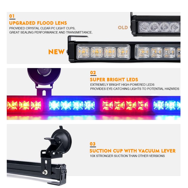 Xprite أضواء شرطة Xprite، شريط ضوء LED لمستشار المرور بطول 31.5 بوصة، 21 نمط وميض مع كوب شفط، أضواء طوارئ داخلية لزجاج السيارة الأمامي لمركبات المتطوعين للشرطة، أحمر أزرق - Image 2