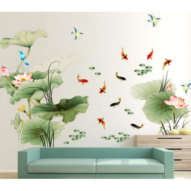 HomDSim Lotus Flower Bird Fish Wall Decor Decal StickerLiving Room PVC Mural Decorative Craft Wall Art Decoration Painting Large Removable Chinese Style