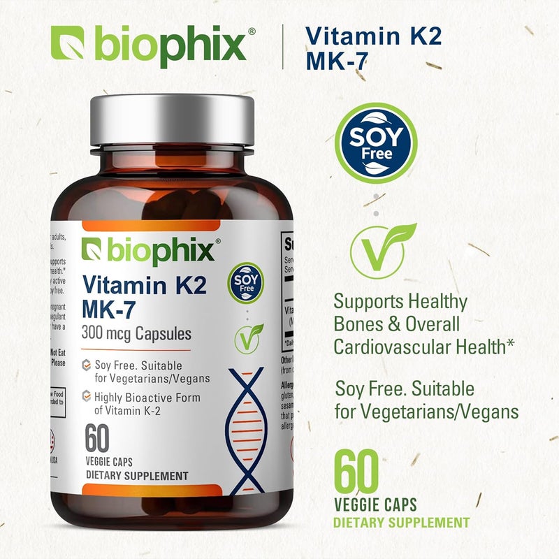 biophix بيوفكس فيتامين ك2 MK7 300 ميكروغرام 60 كبسولة نباتية مكمل عالي الفعالية لصحة العظام والمناعة - Image 2