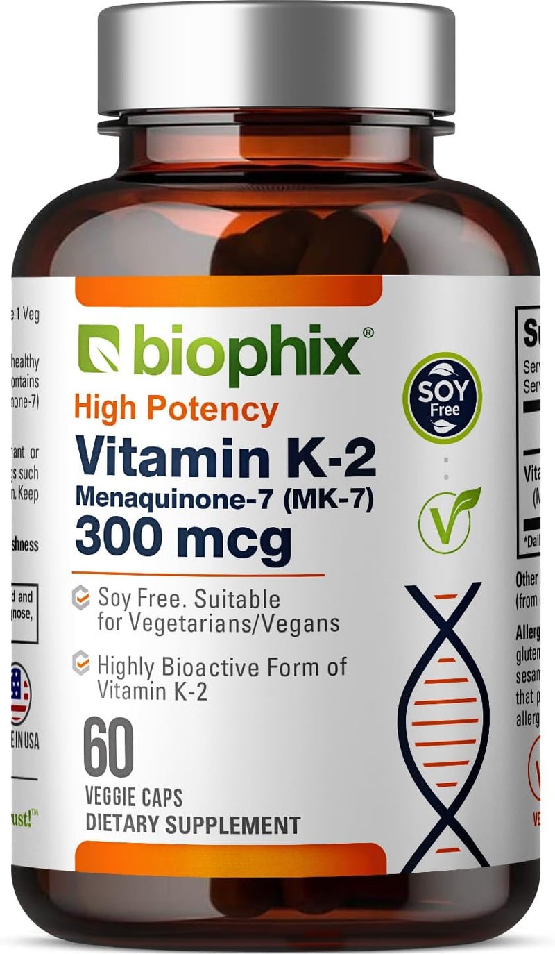 biophix بيوفكس فيتامين ك2 MK7 300 ميكروغرام 60 كبسولة نباتية مكمل عالي الفعالية لصحة العظام والمناعة - Image 1