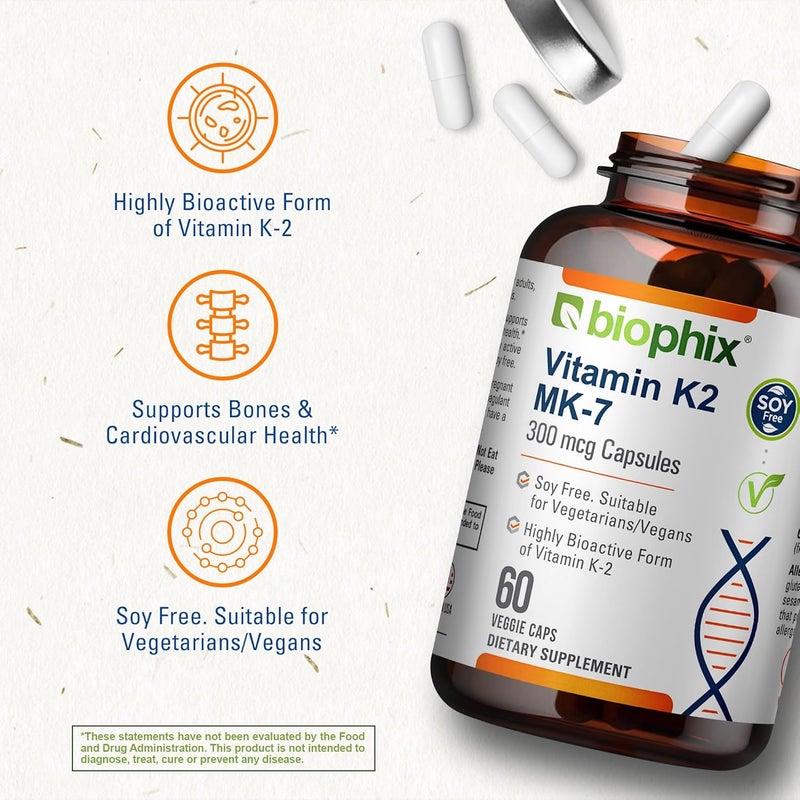 biophix بيوفكس فيتامين ك2 MK7 300 ميكروغرام 60 كبسولة نباتية مكمل عالي الفعالية لصحة العظام والمناعة - Image 4