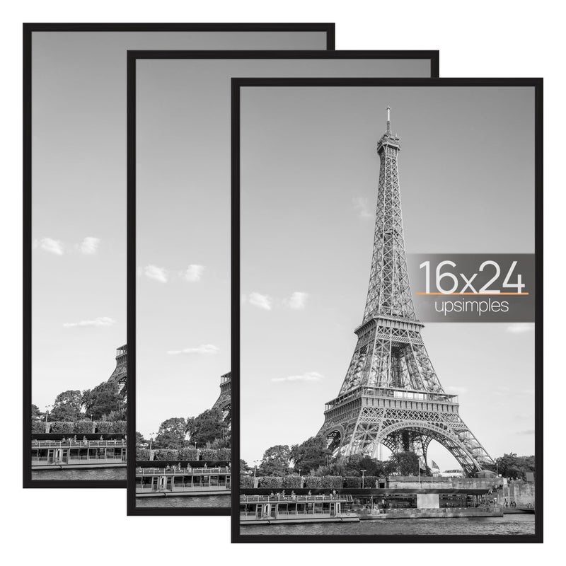 upsimples 16x24 Picture Frame Black 3 Pack, Scratch-Proof Poster Frames 16 x 24 for Photo Gallery - Slide-In Strips, Horizontal or Vertical Wall Mounting - Image 1