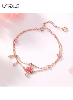 Unique Anklets - Lotus Pendant Anklets - Double Chain Anklets - Pink Diamond Anklets - Simple and Elegant - New Anklets - Women  - Image 3