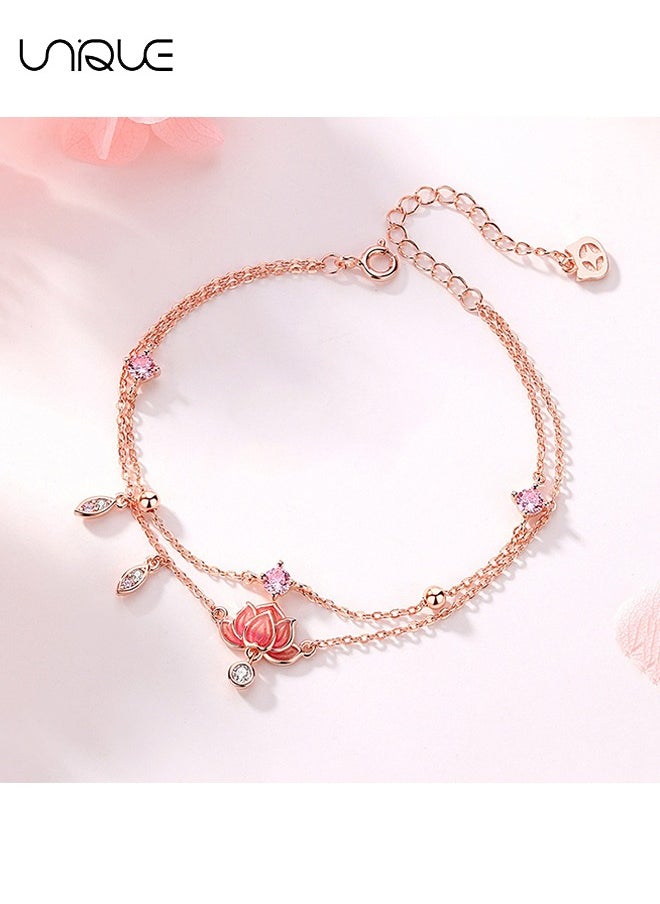 Unique - Anklets - Lotus Pendant Anklets - Double Chain Anklets - Pink Diamond Anklets - Simple and Elegant - New Anklets - Women - Image 1
