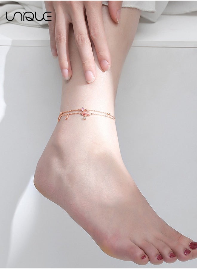 Unique - Anklets - Lotus Pendant Anklets - Double Chain Anklets - Pink Diamond Anklets - Simple and Elegant - New Anklets - Women - Image 1