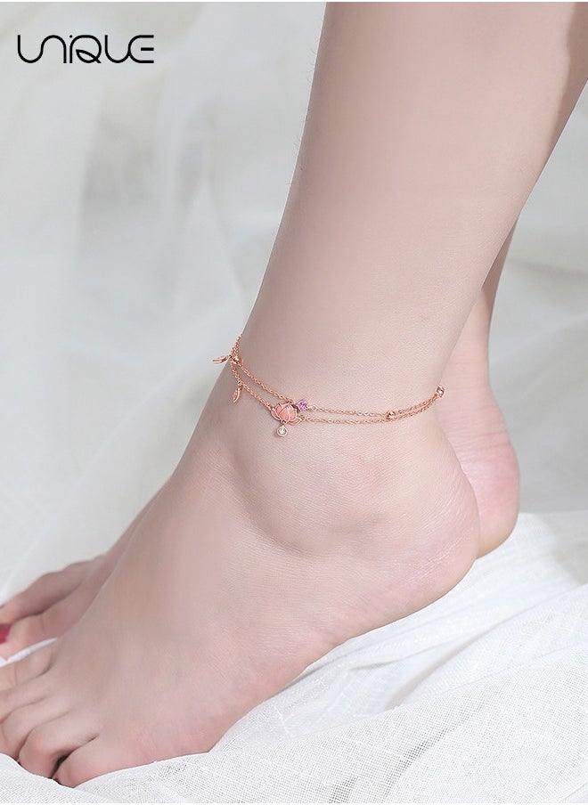 Unique - Anklets - Lotus Pendant Anklets - Double Chain Anklets - Pink Diamond Anklets - Simple and Elegant - New Anklets - Women - Image 1