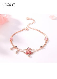 Unique Anklets - Lotus Pendant Anklets - Double Chain Anklets - Pink Diamond Anklets - Simple and Elegant - New Anklets - Women  - Image 4